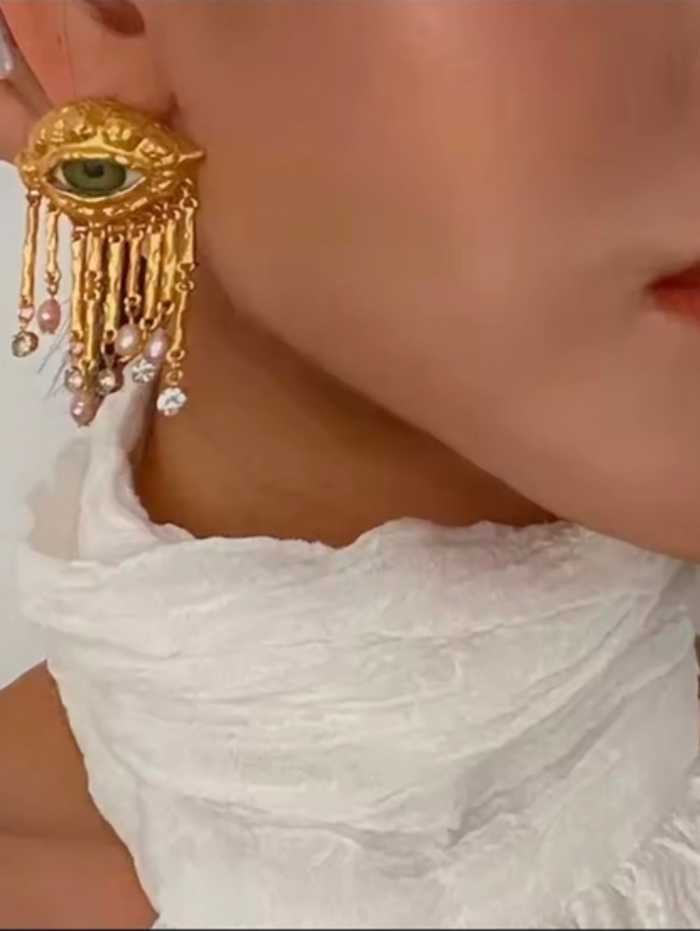 Gold Eye Drop Earrings with Green Iris and Pink Pearls - Picture 2 of 7